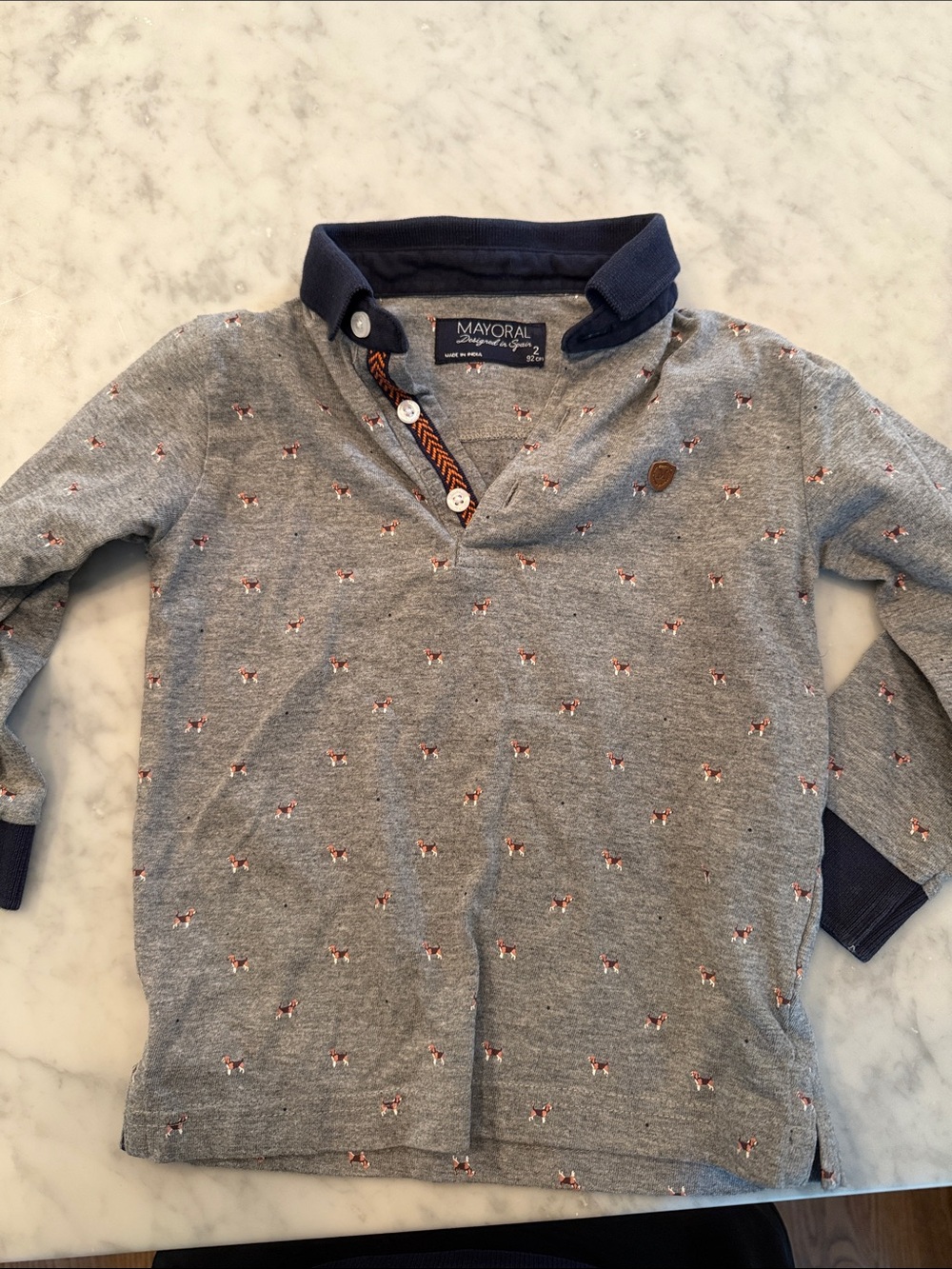 Mayoral Gray Polo Top with Navy Collar and Fox Print